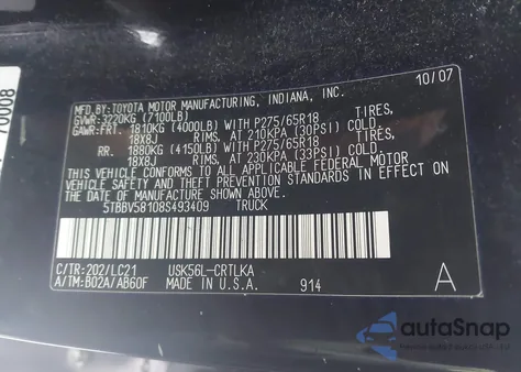 2008 Toyota Tundra Limited 5.7L V8 from USA, damaged, VIN 5TBBV58108S493409